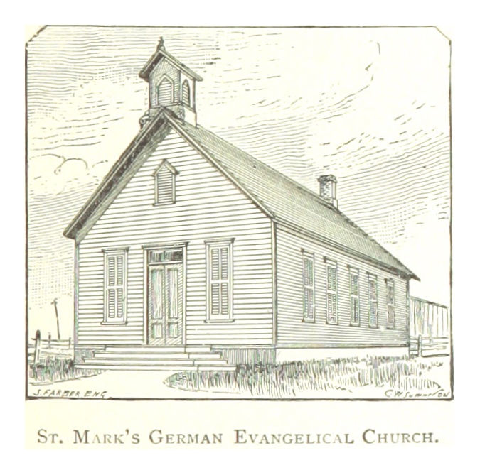 Eine Zeichnung der St. Markus Deutschen Evangelischen Kirche, die ein zentrales Haus und Text am Boden zeigt.