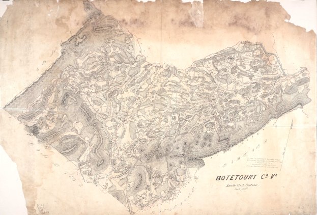 Ein detailliertes altes Stadtplan von Botetourt, der Straßen, Gebäude und Sehenswürdigkeiten zeigt, mit zusätzlichem Text, der Informationen über die Bevölkerung, Straßen und bemerkenswerte Merkmale der Stadt enthält.
