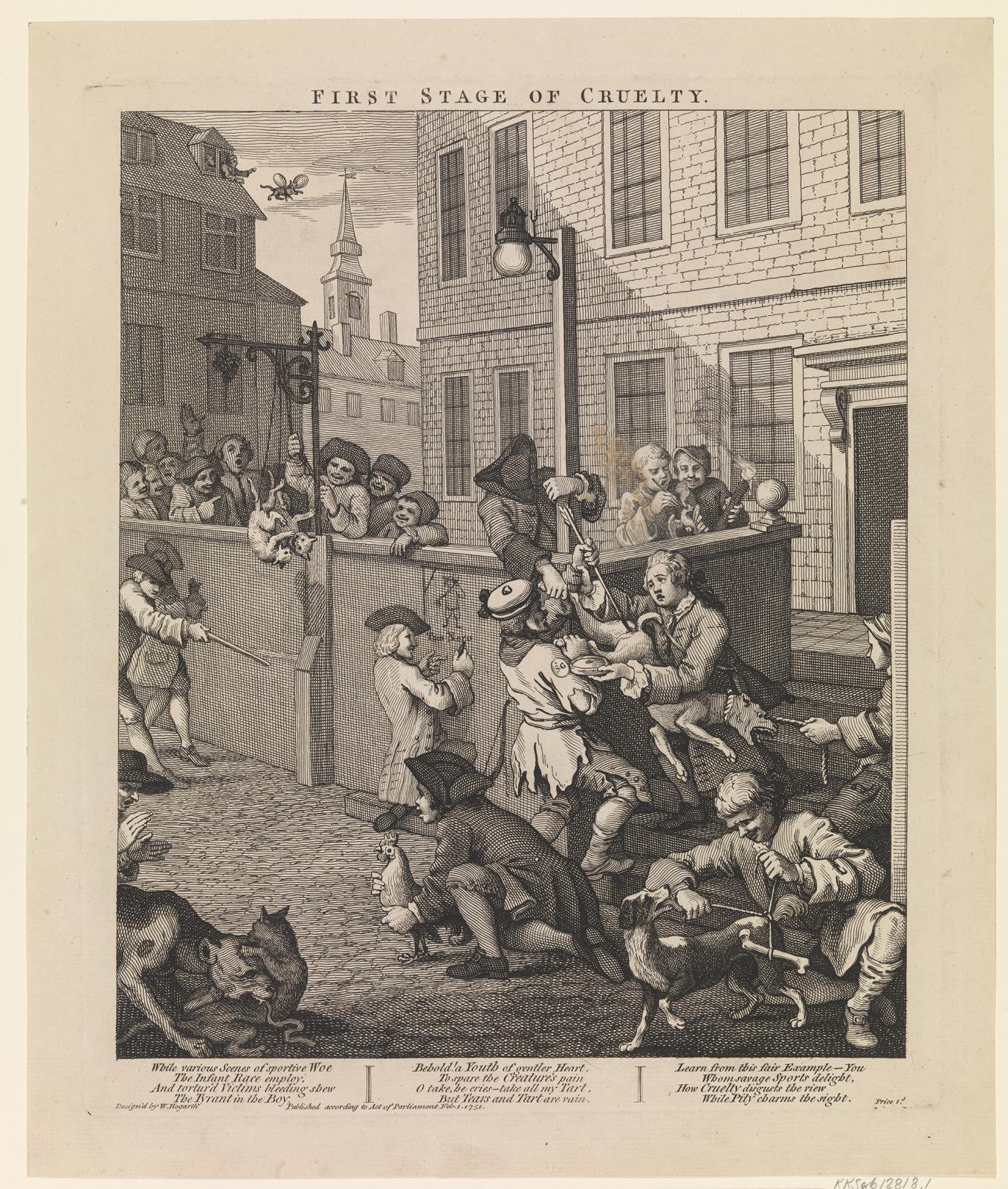 Eine Gruppe von Menschen und Tieren versammelt sich vor einem Gebäude mit Fenstern, einem Laternenpfahl und einem Himmel im Hintergrund, mit dem Text 'Erste Stufe der Grausamkeit' unten.