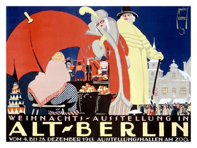 Plakat, das eine Weihnachtsausstellung in Alt-Berlin ankündigt, mit einer farbenfrohen Illustration von Menschen, Gebäuden und Gegenständen und dem Text "Weihnachtsausstellung in Alt-Berlin" oben.