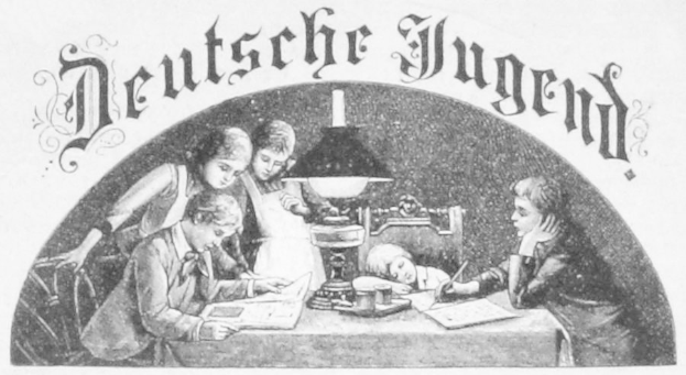Gruppe von Kindern, die um einen Tisch mit einer Lampe, Büchern und anderen Gegenständen sitzen, mit einem schwarz-weißen Plakat darüber, auf dem 'Deutsche Jugend' steht.