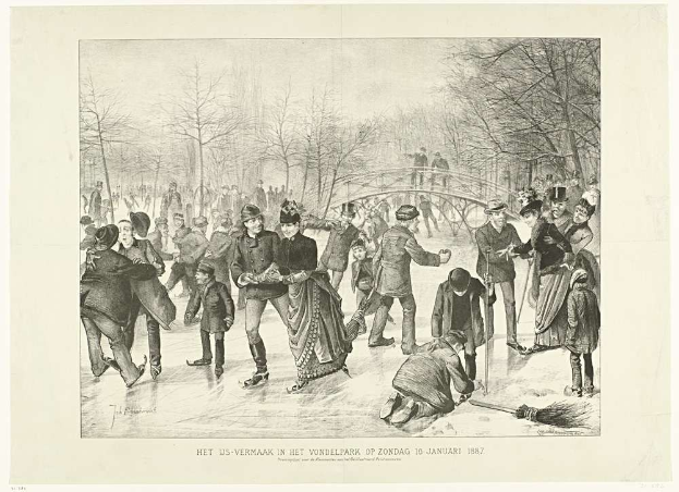 Menschen beim Eislaufen auf einer Eisbahn in einem Park mit Bäumen und einer Brücke im Hintergrund, mit Text unten: "Het us-vermaak in het vondelpark op zondag 10 januari 1887".