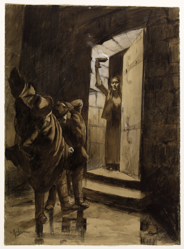 Eine Schwarz-Weiß-Zeichnung von zwei verstörten Männern vor einer Tür, einer hält eine Waffe, und unten steht der Text "Gustav Klimt - Der Gefangene".