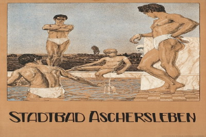 Plakat für ein Schwimmbad in Aschersleben, Deutschland, das Menschen im Wasser zeigt, darunter einen sitzenden, und Text mit Informationen zum Schwimmbad.
