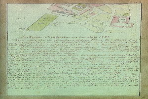 Altes deutsches Dokument aus dem Jahr 1782 mit einer detaillierten Stadtkarte auf der ersten Seite, die Straßen, Gebäude und Sehenswürdigkeiten zeigt, sowie dichtem Text.