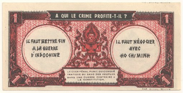 Eine alte französische Banknote mit einem ernst dreinblickenden Mann in einem Anzug, der Text "A qui le crime profite-il?" und ein weißer Hintergrund mit einem schwarzen Rand.