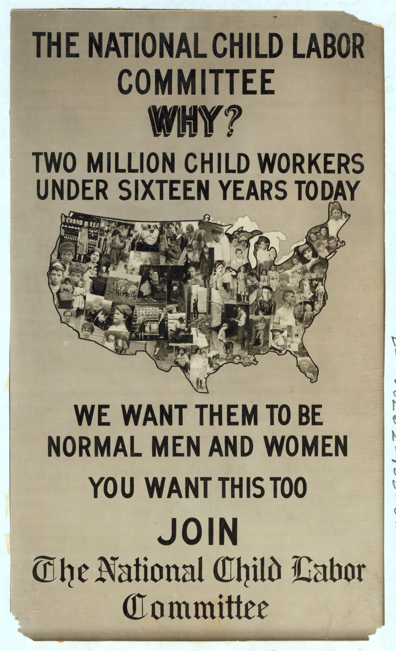 Plakat mit der Aufschrift "Der Nationale Ausschuss für Kinderarbeit: Warum? Zweieinhalb Millionen Kinderarbeiter unter sechzehn Jahren heute" mit einer Karte der USA und menschlichen Figuren, die Ausschussmitglieder darstellen.