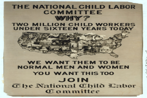 Plakat mit der Aufschrift "Der Nationale Ausschuss für Kinderarbeit: Warum? Zweieinhalb Millionen Kinderarbeiter unter sechzehn Jahren heute" mit einer Karte der USA und menschlichen Figuren, die Ausschussmitglieder darstellen.