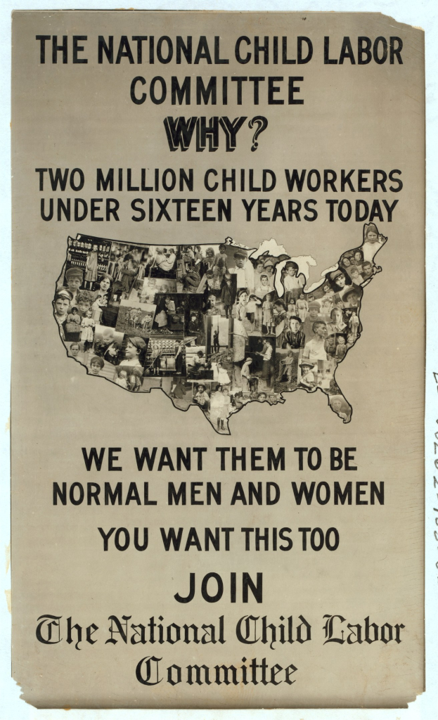 Plakat mit der Aufschrift "Der Nationale Ausschuss für Kinderarbeit: Warum? Zweieinhalb Millionen Kinderarbeiter unter sechzehn Jahren heute" mit einer Karte der USA und menschlichen Figuren, die Ausschussmitglieder darstellen.