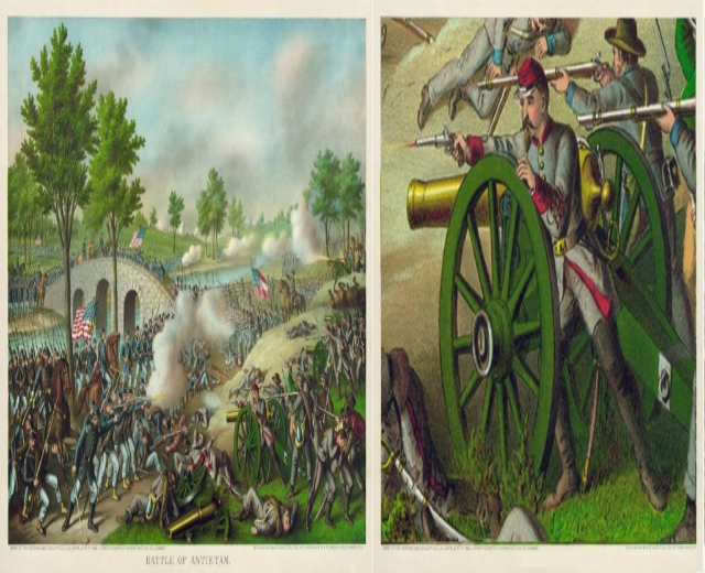 Ein historisches Plakat der Schlacht von Antietam, das Soldaten im Kampf mit Gewehren zeigt, einige liegen auf dem Boden, vor Bäumen, einer Brücke, Flaggen, Rauch und einem bewölkten Himmel, mit Text unten.