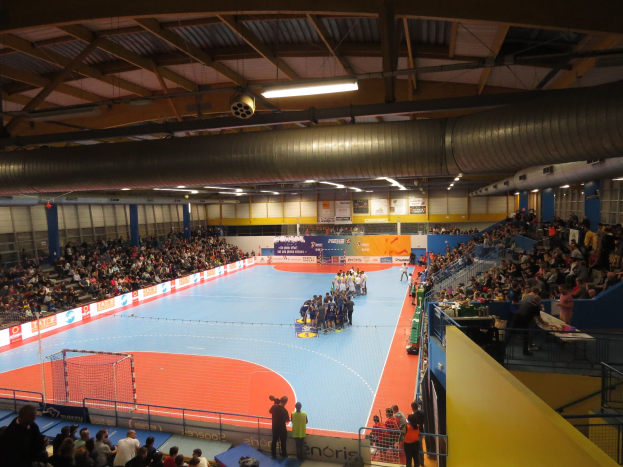 Große Halle mit Zuschauern bei einem Handballspiel, mit Sitzplätzen und Stehplätzen, einem Netz auf der linken Seite, Hintergrundplakaten mit Text und Deckenleuchten und Rohren.