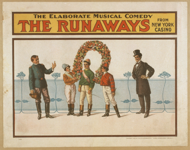 Plakat für "Elaborate Musical Comedy Runaways" aus dem New Yorker Casino, das eine Reihe von Menschen zeigt, von denen einer einen Blumenstrauß hält und den Text beschreibt.