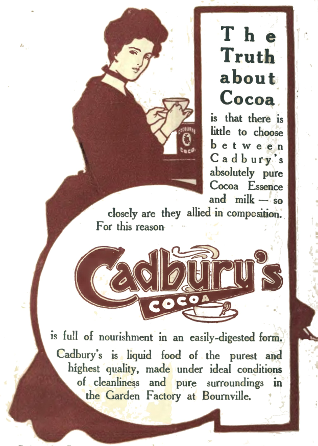 Anzeige für Cadbury's Kakao mit einer Frau, die eine Tasse Kakao hält, und Werbetext auf dem Plakat.