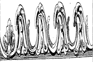 Schwarz-weißes dekoratives Design mit dem Wort "Ländlich" in fetter Schrift in der Mitte, mit detailreichen Schwüngen und Kurven.