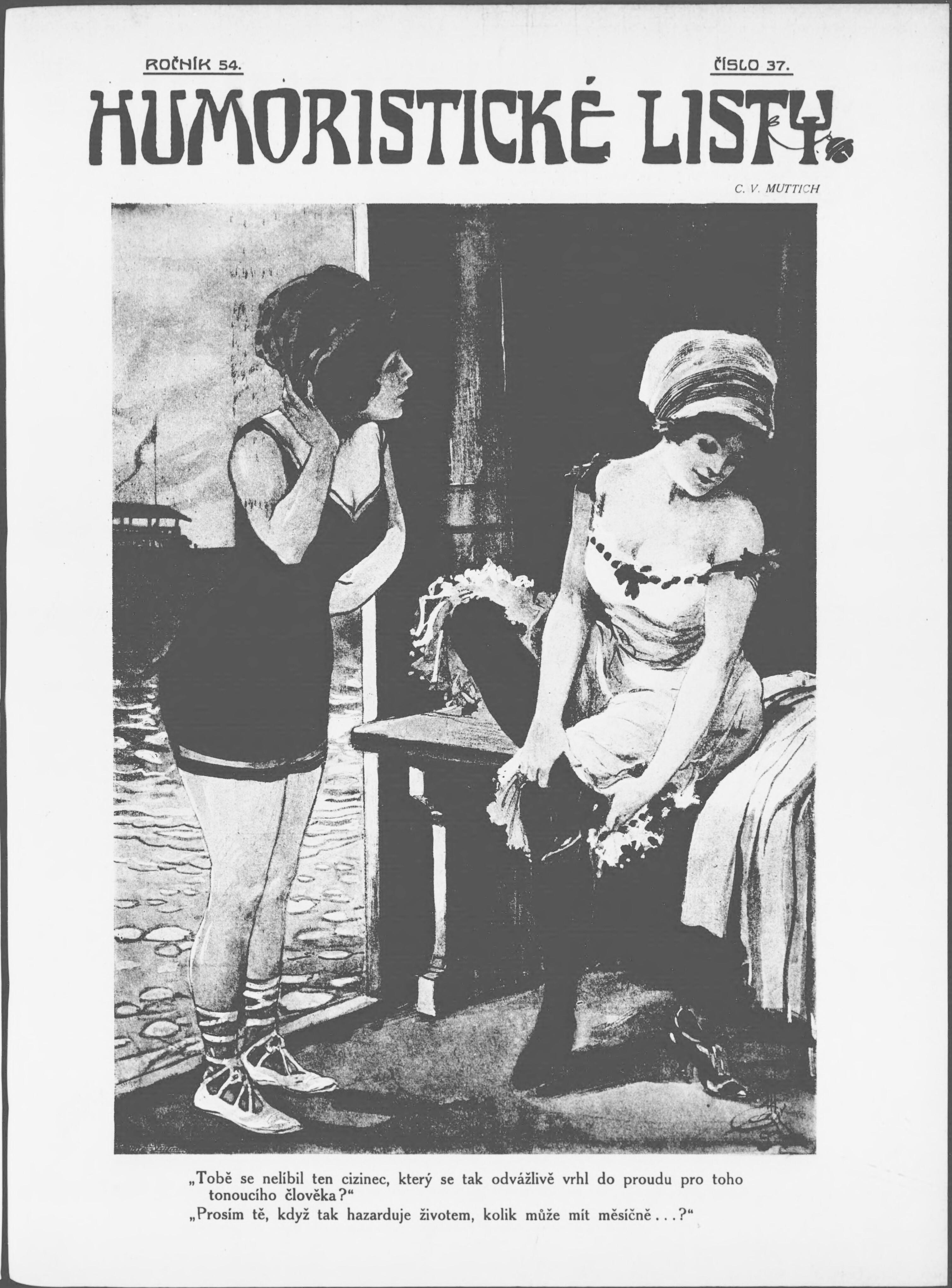 Ein schwarz-weißes Plakat mit zwei Frauen, einer sitzenden und einer stehenden, mit einem Tisch dazwischen und dem Text "Humoristische Liste - C.V. Mutich" oben und unten.