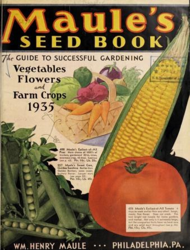 Ein Buch mit dem Titel "Maule's Seed Book: The Guide to Successful Gardening Vegetables, Flowers, and Farm Crops 1935" mit Bildern verschiedener Gemüse und Text auf dem Cover.