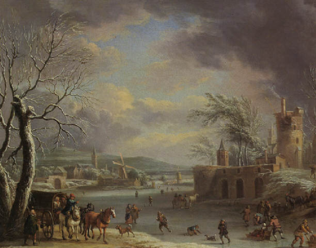 Eine Winterlandschaft mit Figuren, die auf einem zugefrorenen Fluss Schlittschuh laufen, umgeben von Bäumen, Gebäuden, Hügeln und Wolken, mit Tieren und Karren, die über das Bild verteilt sind.