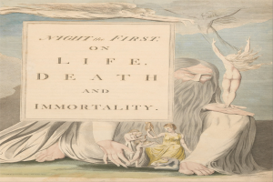 Ein Plakat mit einer leuchtenden Darstellung von Menschen, die in einem Kreis unter einem hellen Licht stehen, mit der Überschrift "Night the First on Life, Death and Immortality."