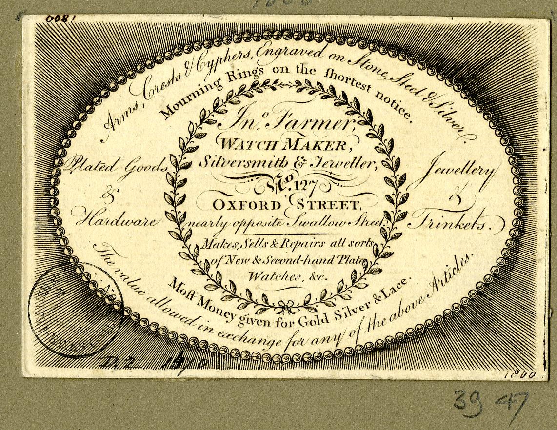 Alte Visitenkarte mit kreisförmigem Design und Text, der wahrscheinlich den Inhalt der Karte beschreibt.