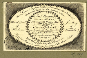 Alte Visitenkarte mit kreisförmigem Design und Text, der wahrscheinlich den Inhalt der Karte beschreibt.