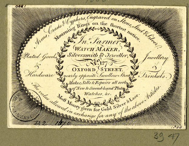 Alte Visitenkarte mit kreisförmigem Design und Text, der wahrscheinlich den Inhalt der Karte beschreibt.