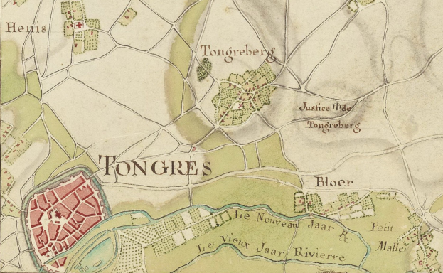 Ausführliche alte Stadtkarte von Tongres mit Straßen, Gebäuden und markanten Punkten.