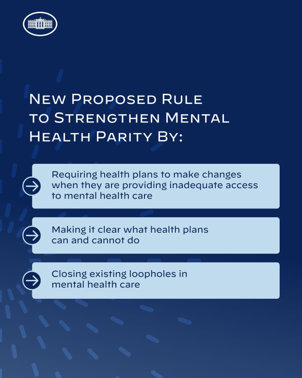 Blauer Hintergrund mit weißer Schrift und einem weißen Kreis-Logo mit einer blauen Umrandung, das eine neue Regel zur Stärkung der psychischen Gesundheit umreißt.