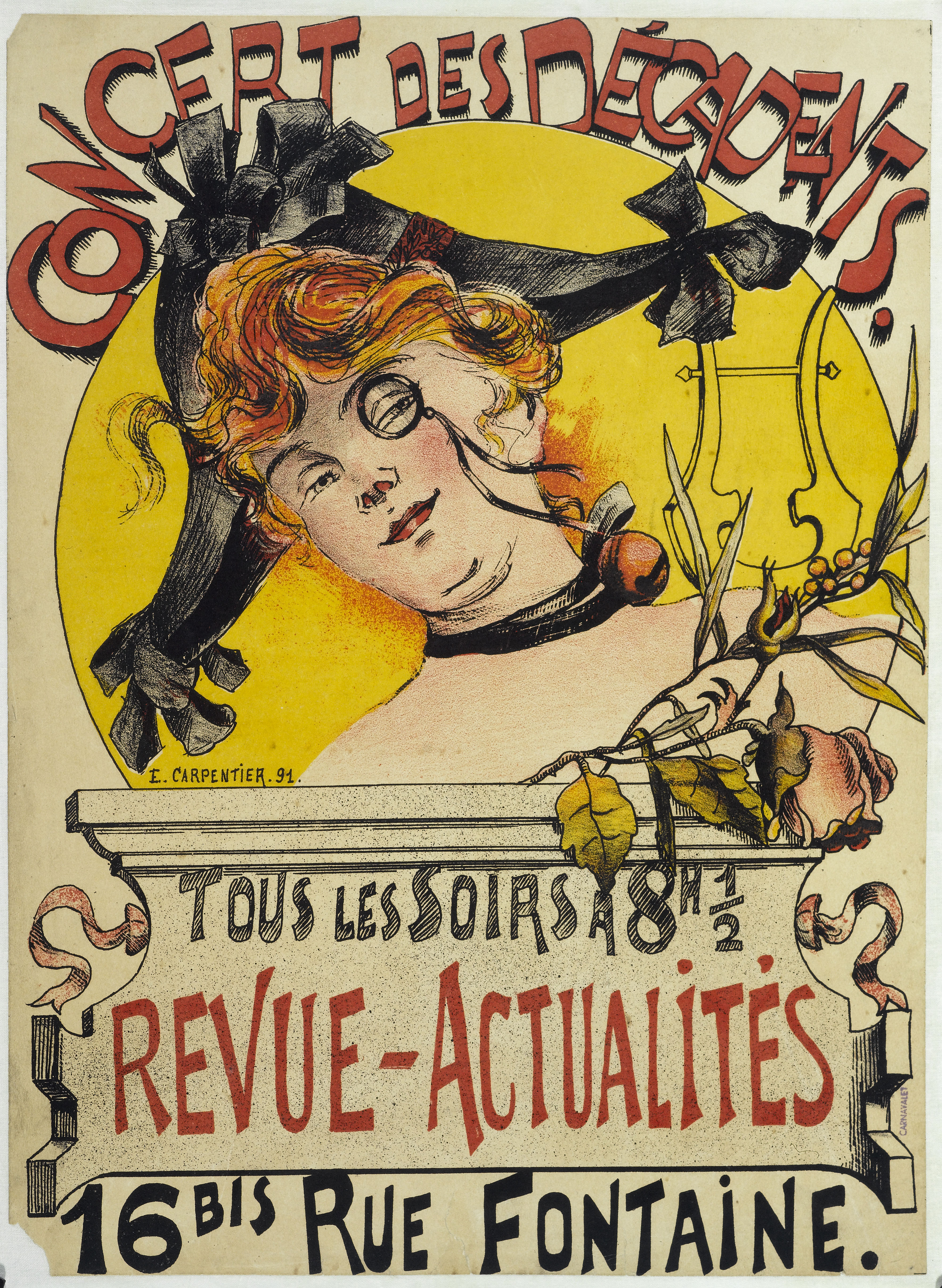 Ein Plakat, das ein Konzert der Decadents ankündigt, mit einem Bild einer Frau mit menschlichem Gesicht und Text über das Ereignis.