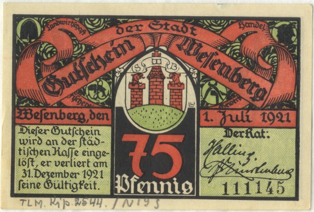 Alte deutsche Banknote mit einem Gebäude, Text 'Bundesliga' und Logo auf weißem Hintergrund.