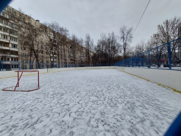 Ein schneebedecktes Hockeyfeld mit einem Torpfosten in der Mitte, umgeben von einem Zaun und Bäumen, mit Gebäuden, Fahrzeugen und einem bewölkten Himmel im Hintergrund.
