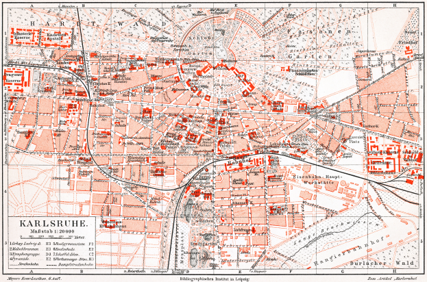 Ein detaillierter Stadtplan von Karlsruhe, Deutschland aus dem Jahr 1900 mit Text und umfassender Stadtlayout.