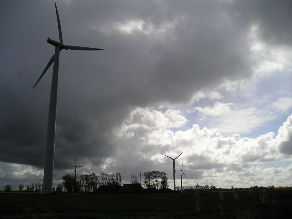 Windräder mit Bäumen mit Ästen und Blättern im Vordergrund, Wolken am Himmel und ein Haus im Hintergrund.