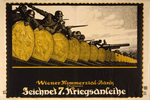 Eine Gruppe von Helmetträgern mit Waffen, darunter der Text 'Wiener Kommerzialbank' am unteren Rand, auf einem deutschen Propagandaplakat des Zweiten Weltkriegs für die deutsche Armee.
