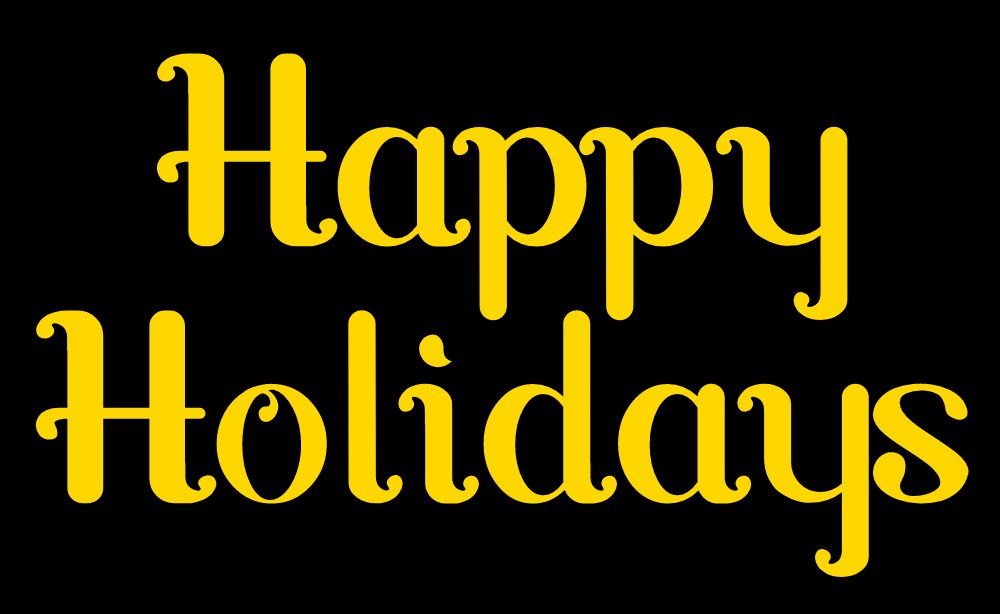 Weißer Hintergrund mit "Fröhliche Feiertage" in gelbem Text.