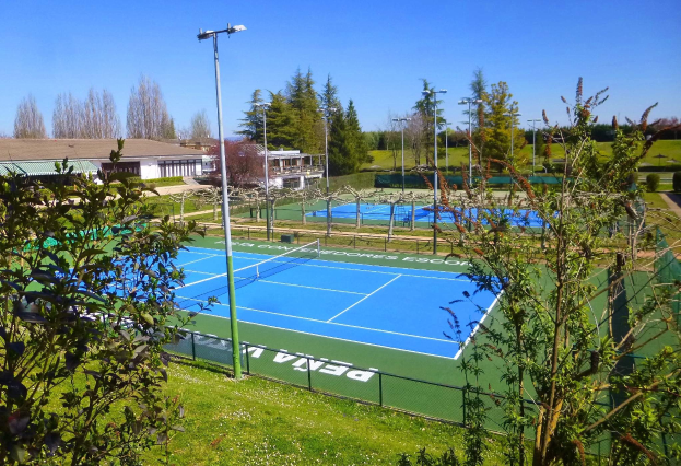 Ein Tennisplatz mit einem Netz, umgeben von grünem Gras, B├Ąumen, Geb├Ąuden und beleuchtet von Laternen unter einem klaren blauen Himmel.