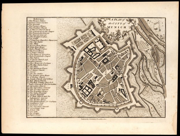 Ein detailliertes altes Stadtplan von München, Deutschland, auf einem schwarzen Hintergrund, der Straßen, Gebäude und Sehenswürdigkeiten zeigt, mit Text, der zusätzliche Informationen bietet.