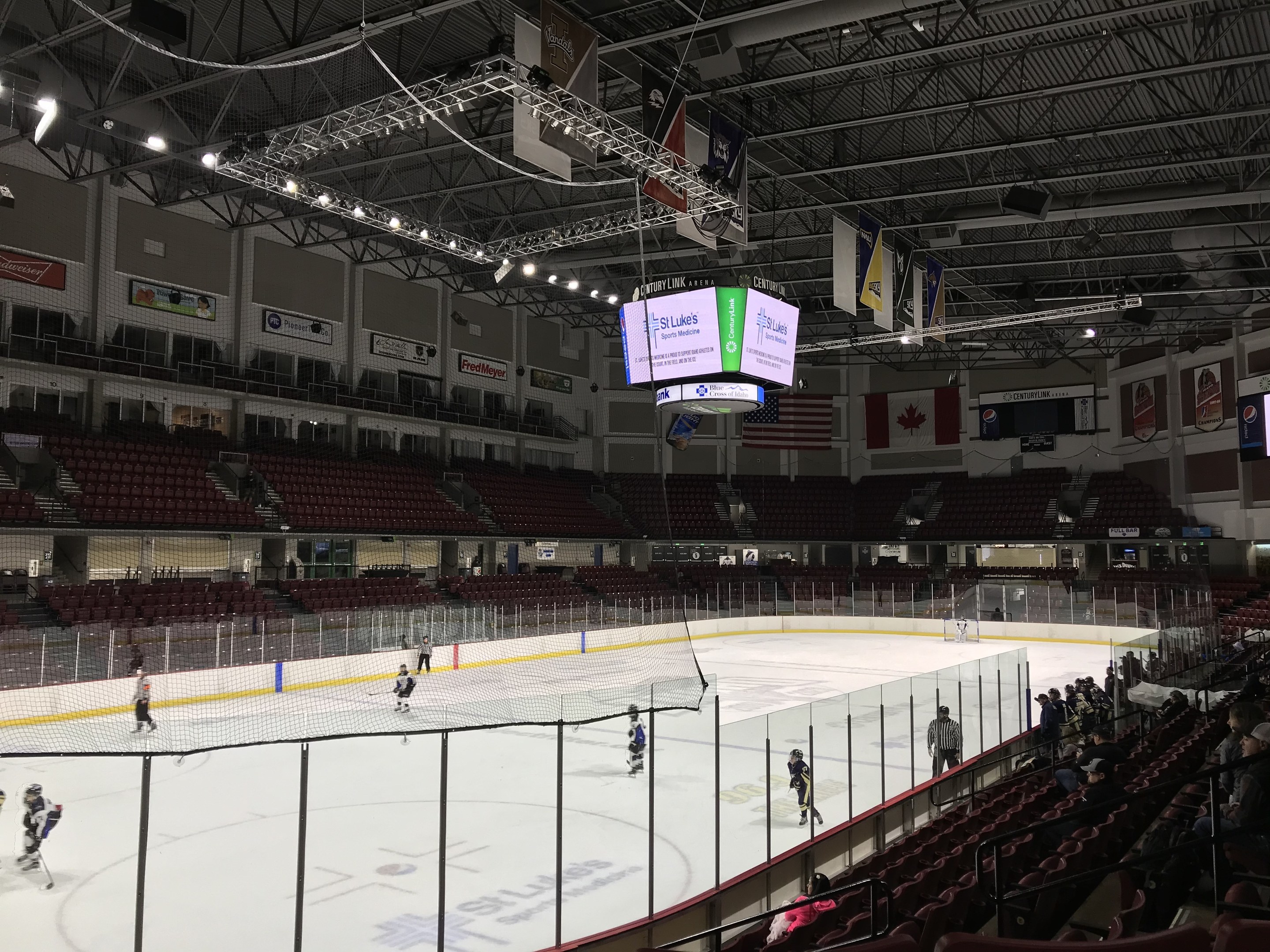Ein Eishockeyspiel in einer großen Arena mit einem zentralen Netz, Zuschauern auf beiden Seiten und Banner und Flaggen an den Wänden, identifiziert als die St. Louis Blues Arena.