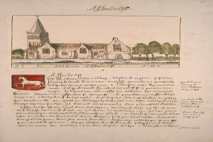 Altes Buch mit einer Zeichnung einer Kirche im Hintergrund, umgeben von Bäumen und einem Logo, mit Text 'Alfred deff - Kirche der Heiligen Dreifaltigkeit'.