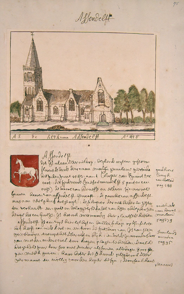 Altes Buch mit einer Zeichnung einer Kirche im Hintergrund, umgeben von Bäumen und einem Logo, mit Text 'Alfred deff - Kirche der Heiligen Dreifaltigkeit'.