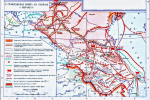 Plakat mit einer detaillierten Karte des sowjetischen Unions während des Zweiten Weltkriegs, versehen mit Text und Zahlen über den Konflikt.
