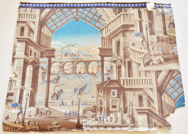 Mural auf einer Gebäudewand, das eine belebte Stadtkulisse mit Menschen, Gebäuden, Straßen-Elementen, einer Brücke, Hügeln und Wolken zeigt.