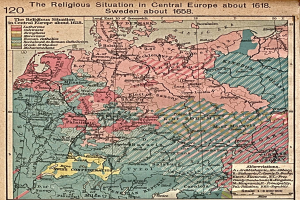 Historische Karte von Mitteleuropa aus dem Jahr 1618, die die religiöse Landschaft der Region mit detaillierten Anmerkungen zeigt.