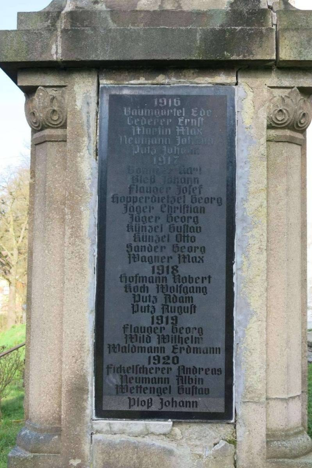Steindenkmal mit einer Gedenktafel für deutsche Soldaten des Zweiten Weltkriegs, das auf einer grünen Wiese mit Bäumen und einem klaren blauen Himmel steht.
