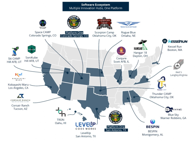 Eine Karte der Vereinigten Staaten mit Firmenlogos, die die Standorte des Software-├Ąkosystems markieren und begleitenden Text, der weitere Details bereitstellt.