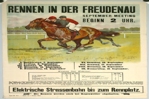 Plakat, das ein Pferderennen in Deutschland ankündigt, mit zwei Reitern auf Pferden im Vordergrund und Bäumen im Hintergrund sowie Text mit Renninformationen.