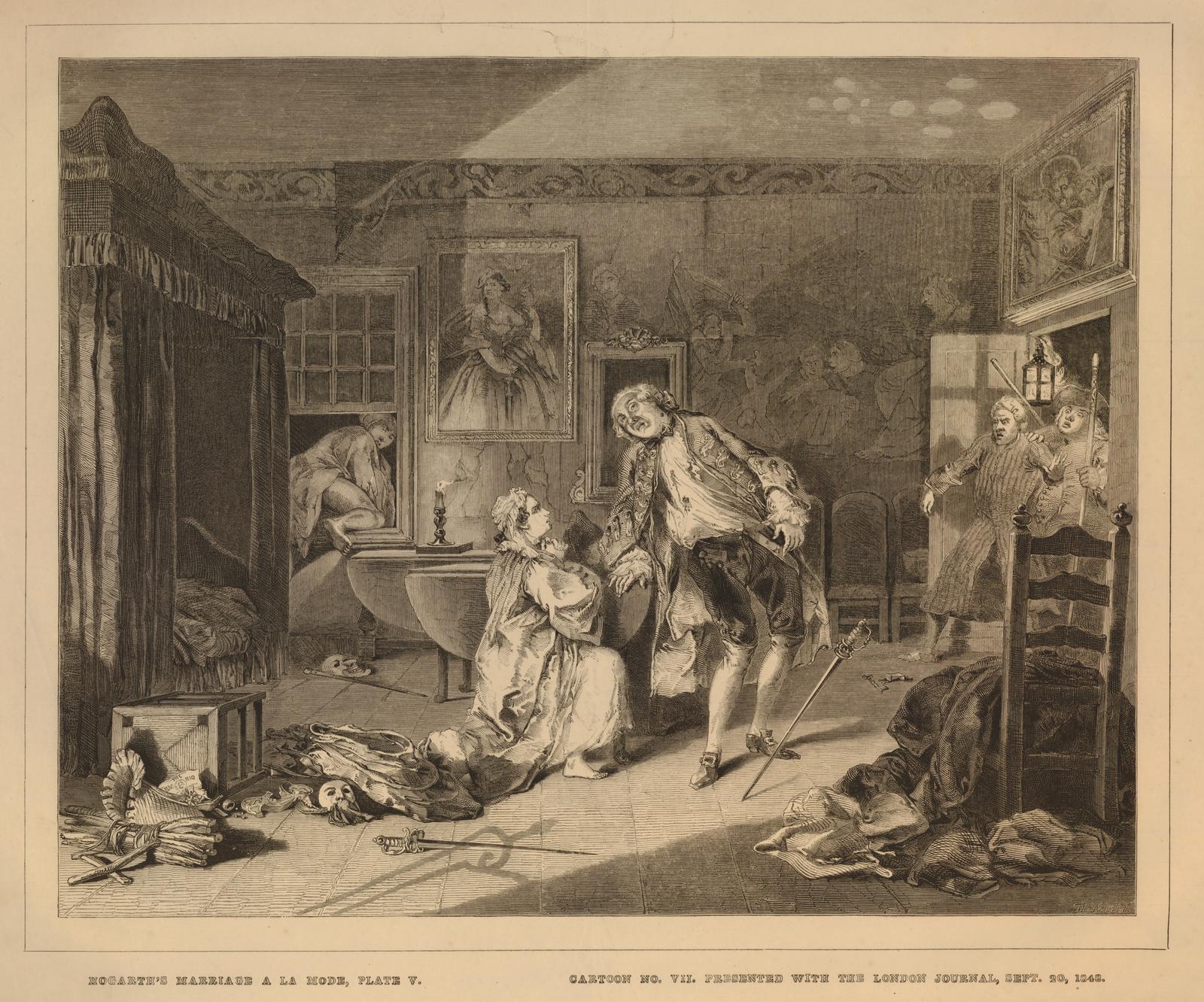 Eine Zeichnung eines Mannes und einer Frau in einem Raum mit einem Bett, einer Badewanne, einem Stuhl, einem Tisch, einem Vorhang, einem Fenster und einem Foto auf dem Wand, betitelt mit 'Hocaine's Ehe a la mode, Teller v'.