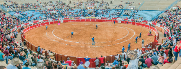 Eine große Menschenmenge schaut bei einer Stierkampfveranstaltung in einem Stadion zu, wobei einige Personen stehen, sitzen oder Gegenstände halten und eine Person unten einen Hut trägt.