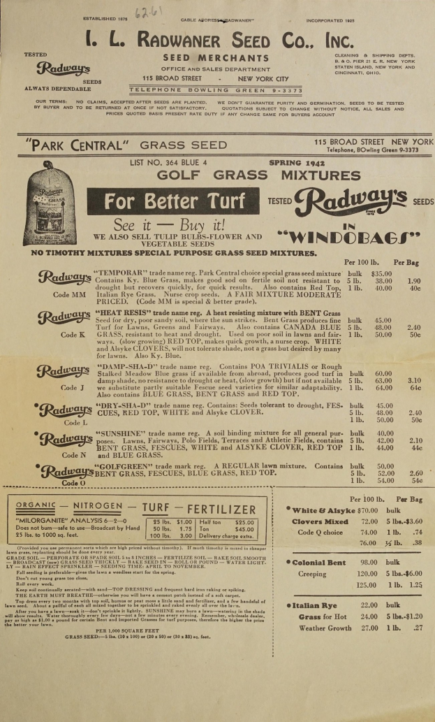 Alte Anzeige für Radway's Seed Co. Inc. auf einem Stück Papier mit beschreibendem Text.