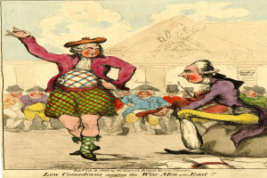 Zeichnung eines Mannes in einem Kilt und einer Frau in einem Kleid, die vor einem Publikum auf einer Bühne stehen, mit einem Gebäude im Hintergrund und Wolken am Himmel, mit Text unten, der 'Niedrige Komiker, die die weisen Männer des Ostens unterhalten' liest