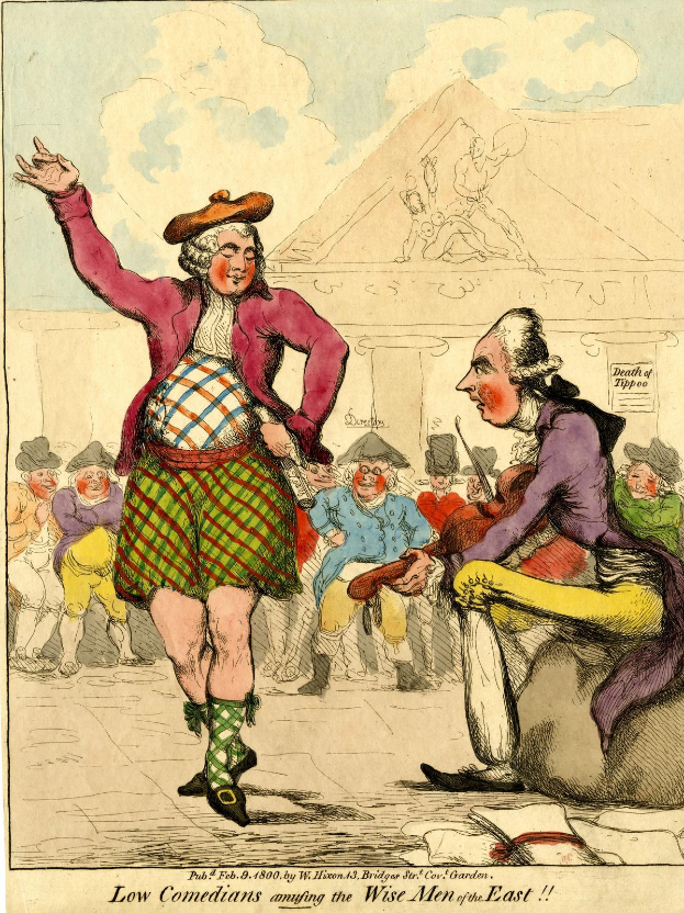 Zeichnung eines Mannes in einem Kilt und einer Frau in einem Kleid, die vor einem Publikum auf einer Bühne stehen, mit einem Gebäude im Hintergrund und Wolken am Himmel, mit Text unten, der 'Niedrige Komiker, die die weisen Männer des Ostens unterhalten' liest